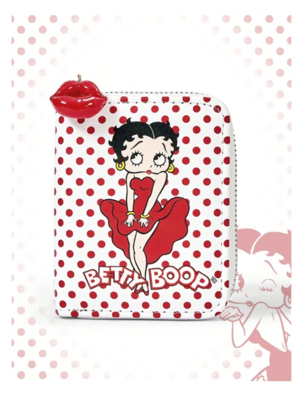 Betty Boop Polka Dot Zip Wallet Retro Red & White Coin Purse with Kiss Lip Charm